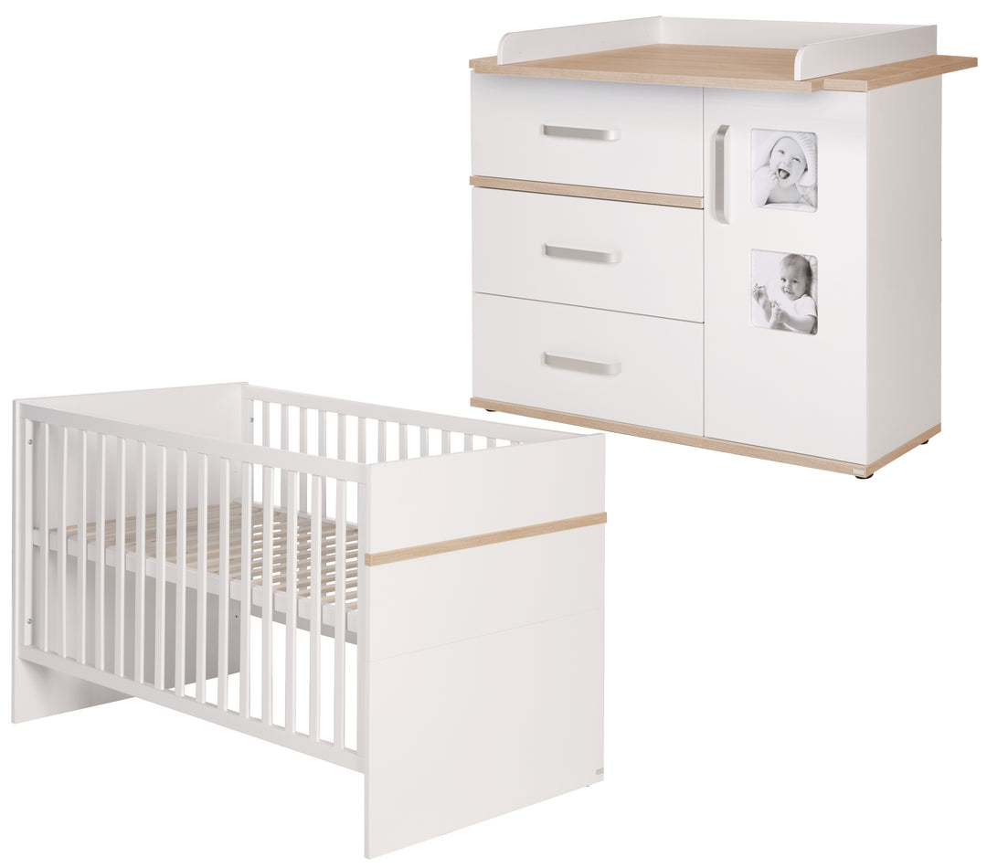 Babymöbel-Set 'Pia', 2-tlg, inkl. Kombi-Bett 70 x 140 cm & breiter Wickelkommode, Weiß / San Remo Eiche – Produktbild (1/13)