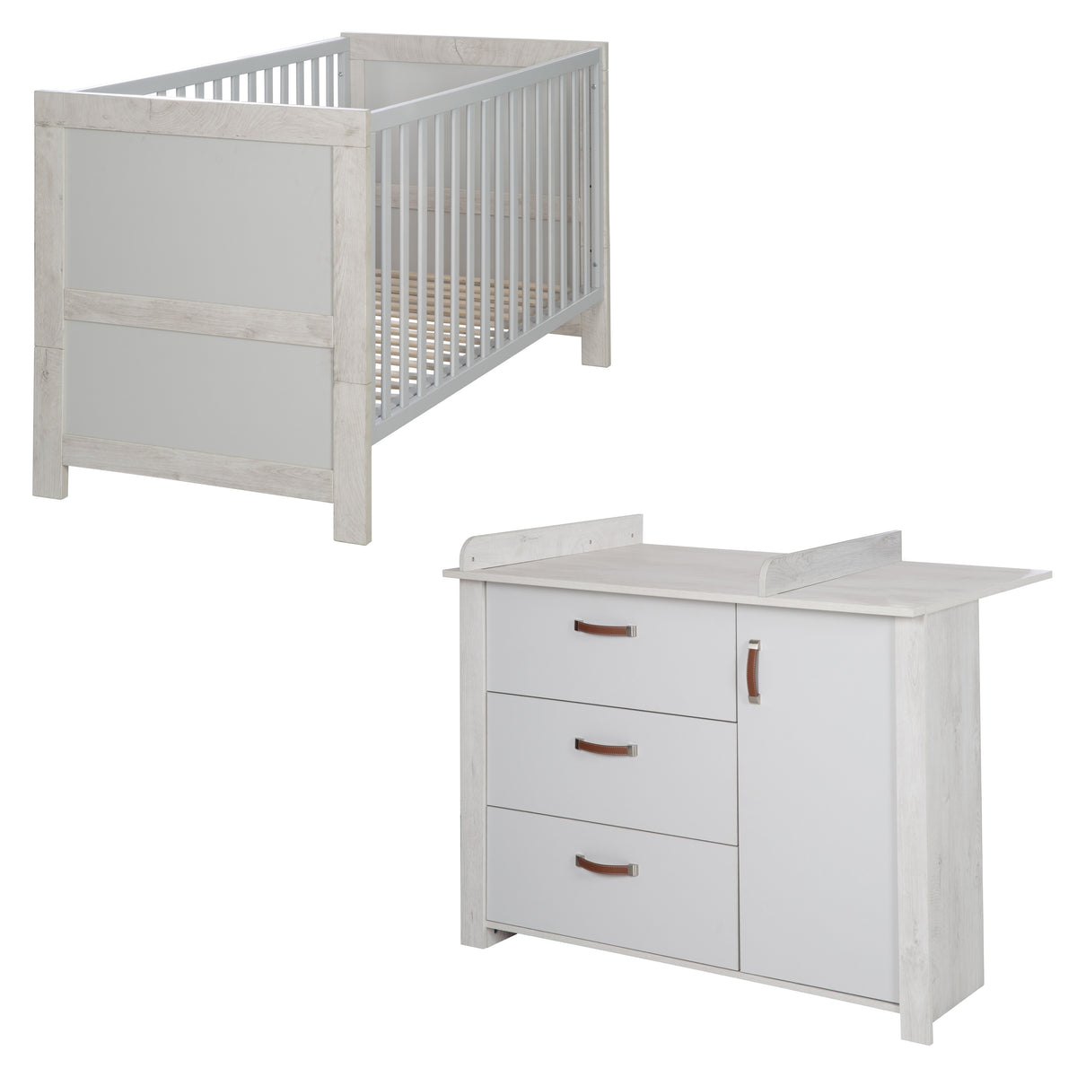 Set de muebles 'Mila', incl. cama bebés/niños 70 x 140 cm & cómoda cambiador, gris/blanco – Recorte (1/10)