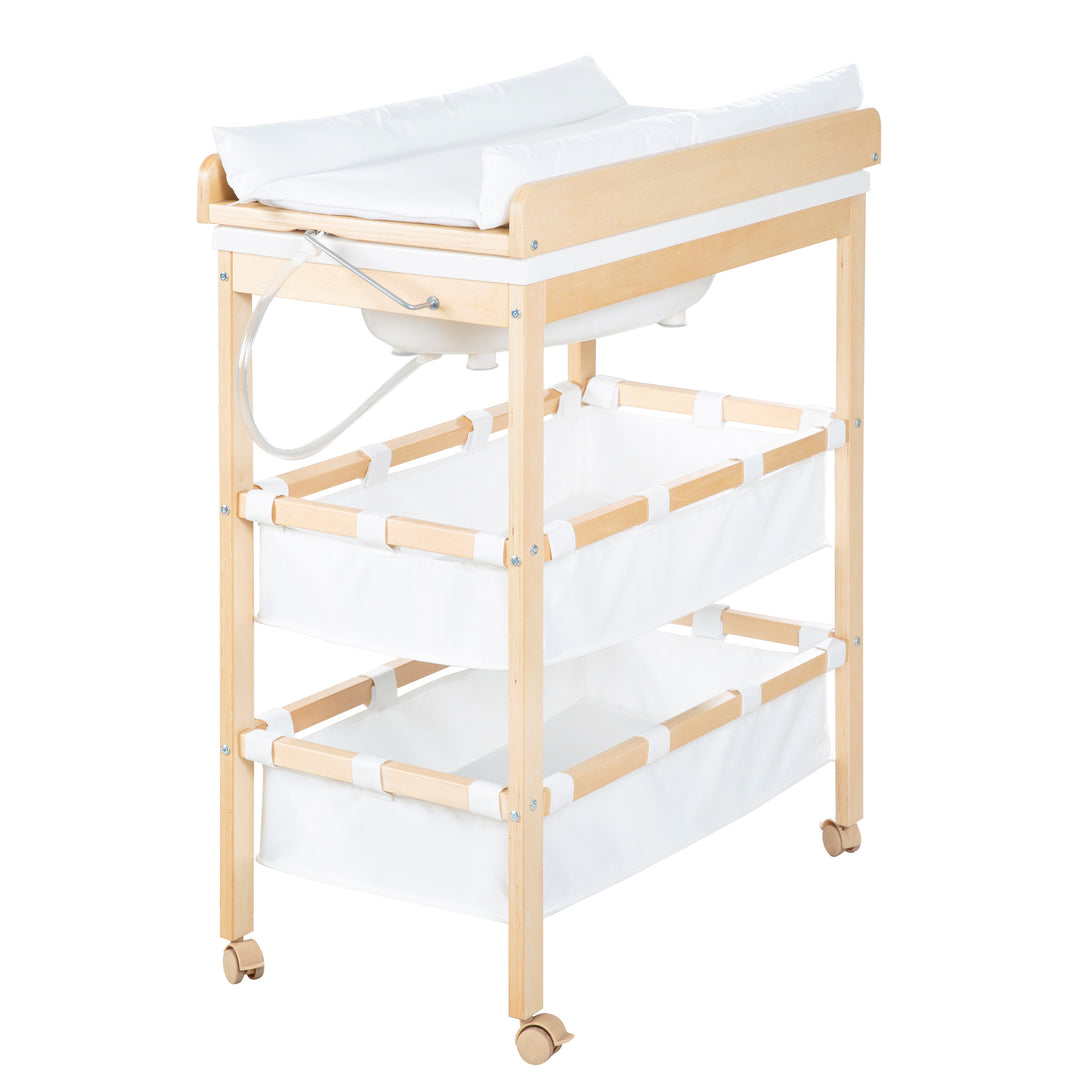 Bade-Wickel-Kombi 'Baby Pool', klappbarer Tisch mit Wanne, Holz natur, Wickelauflage weiß – Freisteller (1/9)