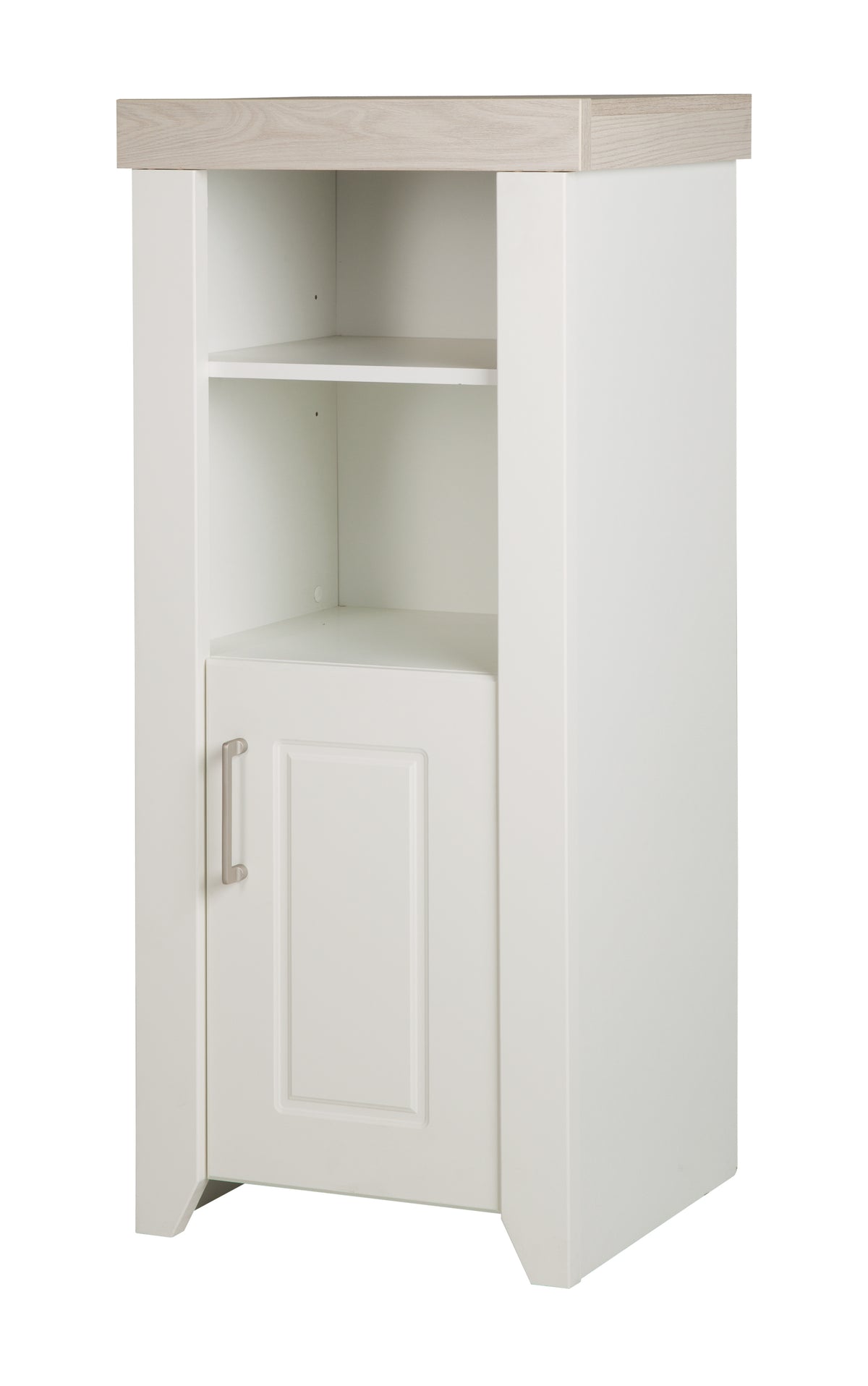 Standregal 'Felicia‘ mit Korpus im Dekor Weiß, Fronten Canadian White, Kranz im Dekor Luna Elm – Freisteller (1/7)