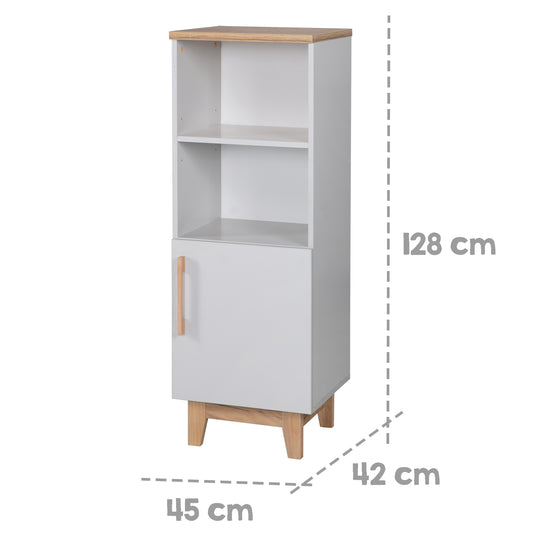 Scaffale a terra 'Caro', in legno per cameretta neonati e bambini, tecnologia soft-close, grigio chiaro / decoro rovere dorato – Infografica (3/7)
