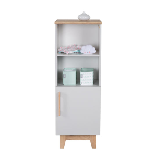 Scaffale a terra 'Caro', in legno per cameretta neonati e bambini, tecnologia soft-close, grigio chiaro / decoro rovere dorato – Ritaglio (2/7)