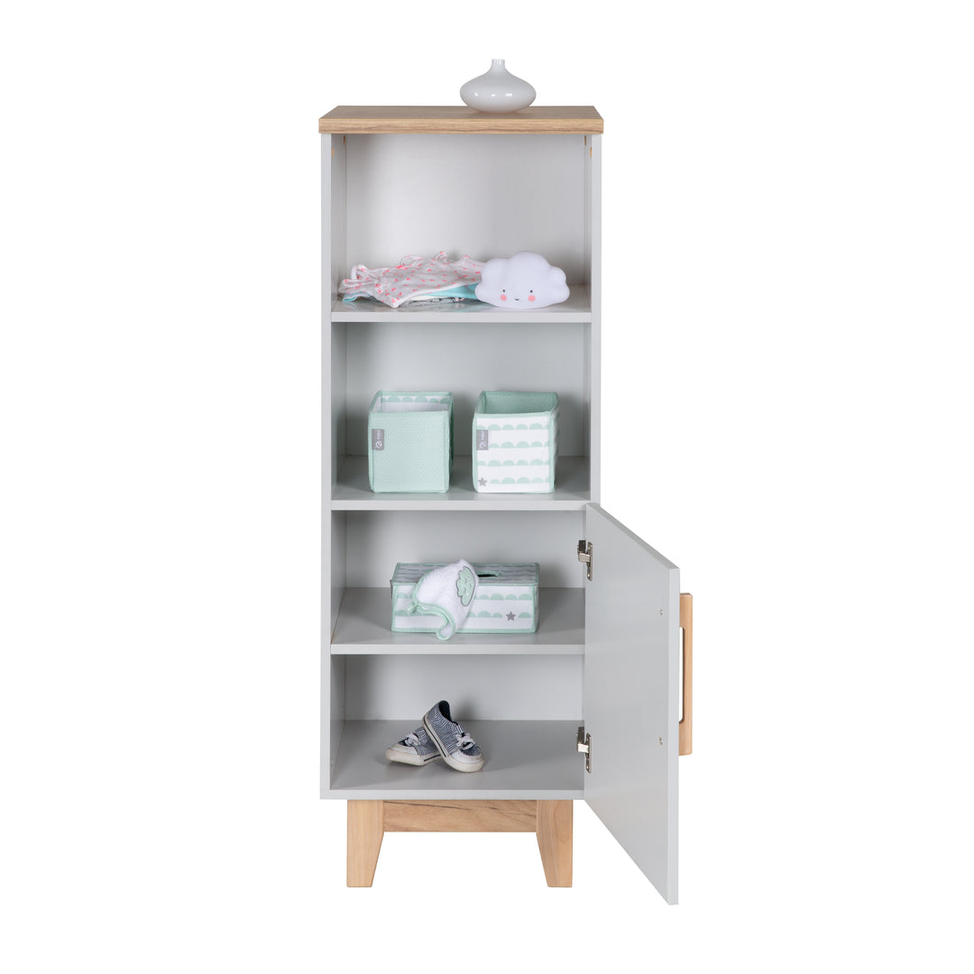 Scaffale a terra 'Caro', in legno per cameretta neonati e bambini, tecnologia soft-close, grigio chiaro / decoro rovere dorato – Ritaglio (5/7)