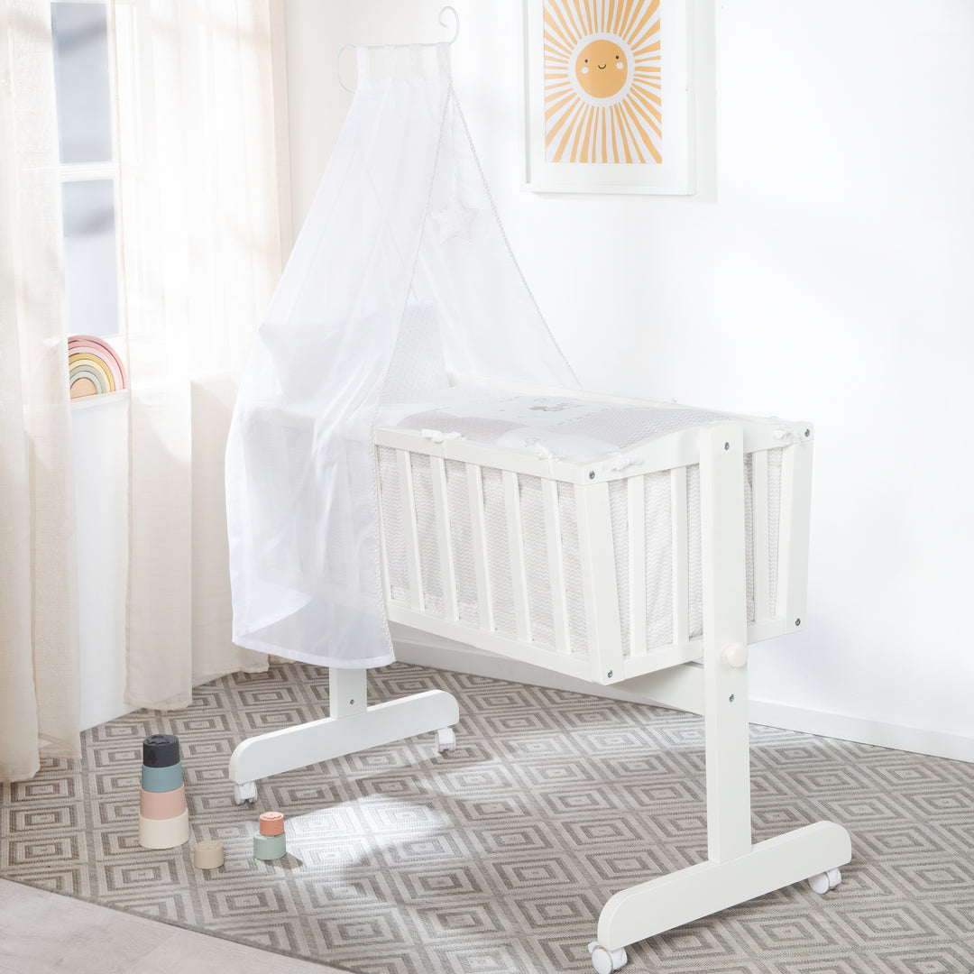 Complete Cradle Set 'Fox & Bunny', 40 x 90 cm, White, with Locking Function, incl. Accessories/Equipment – Lifestyle Image (2/9)