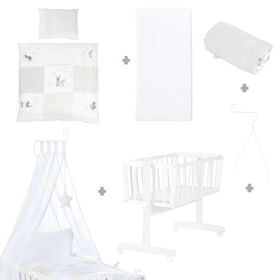 Complete Cradle Set 'Fox & Bunny', 40 x 90 cm, White, with Locking Function, incl. Accessories/Equipment – Infographic (3/9)