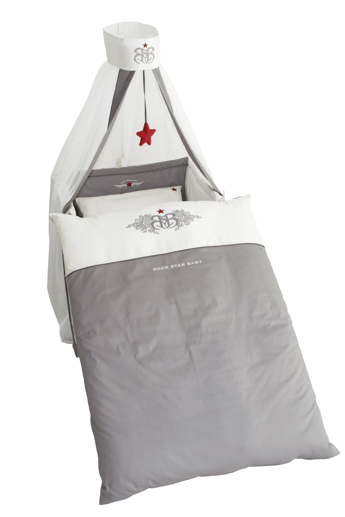 Kinderbettgarnitur 'Rock Star Baby 1', 4-tlg, Bettset mit Bettwäsche 100 x 135 cm, Nestchen & Himmel – Freisteller (1/4)