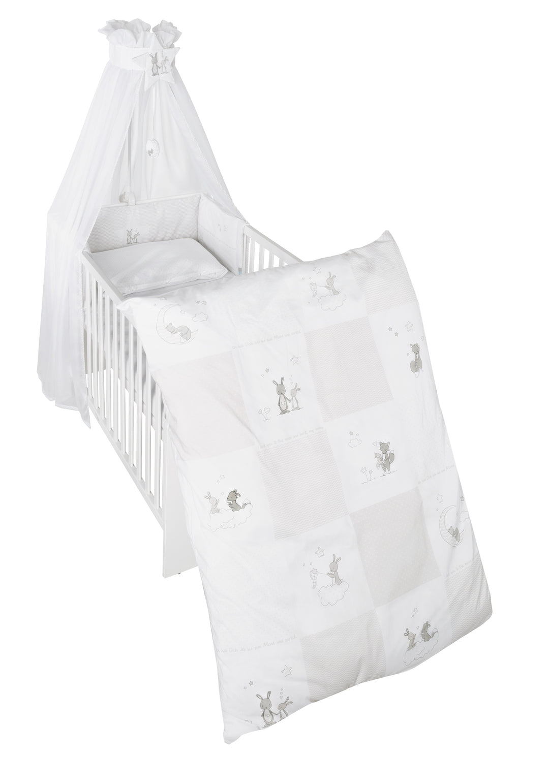 Kinderbettgarnitur 'Fox & Bunny', 4-tlg, Bettset mit Bettwäsche 100 x 135 cm, Nestchen & Himmel – Freisteller (1/1)