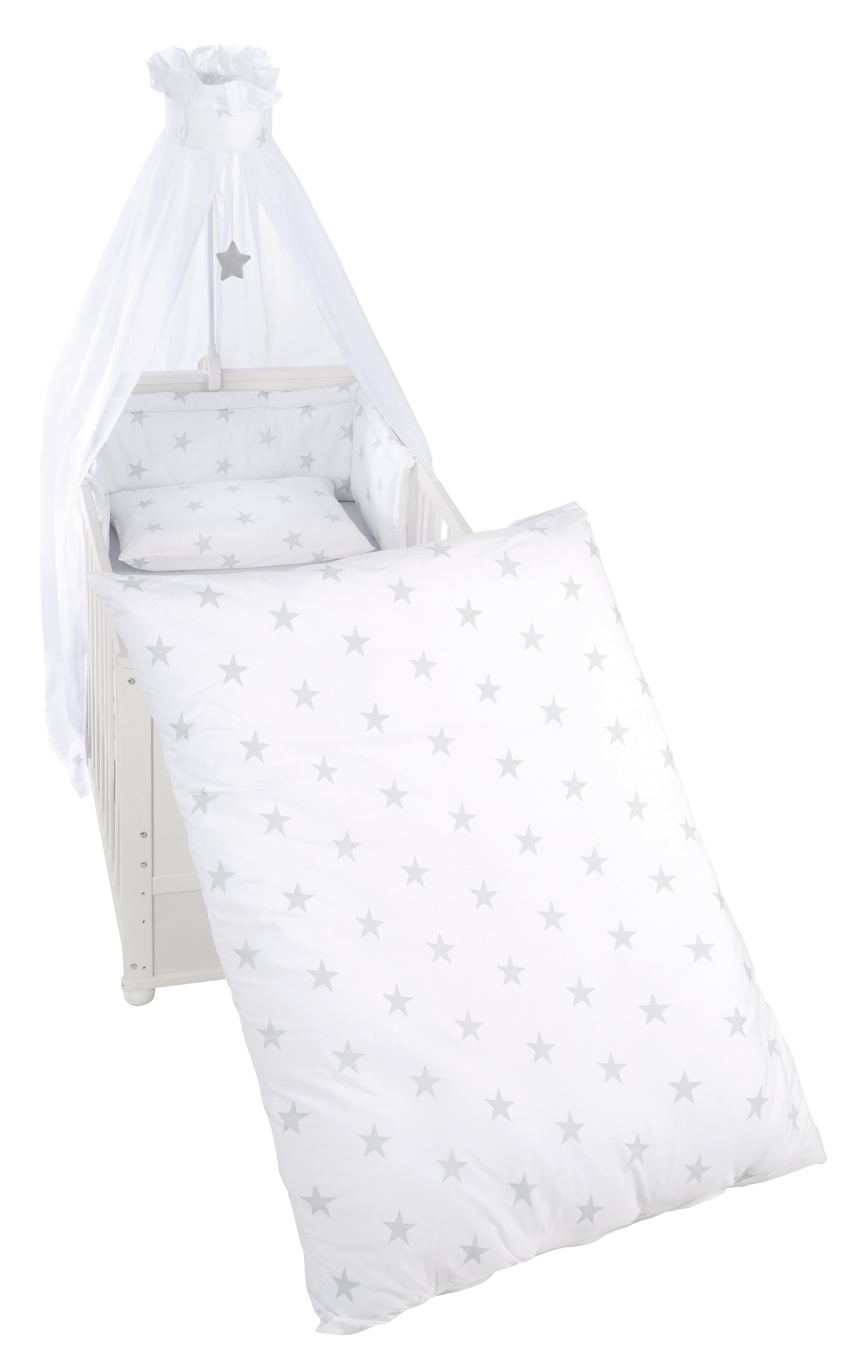 Kinderbettgarnitur 'Little Stars', 4-tlg Bettset mit Bettwäsche 100 x 135 cm, Nestchen & Himmel – Freisteller (1/1)