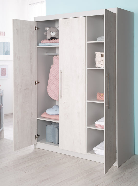 Children's Room Set 'Maren 2', incl. Convertible Cot Bed 70 x 140 cm, Changing Table Wide & 3-Door Cabinet, Light Grey/Whitewashed Oak – Lifestyle Image (11/12)