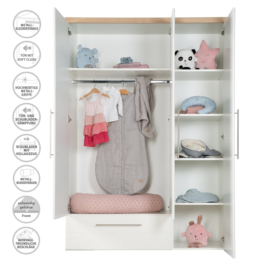 Armario 'Nele', 3-trg, con moderno horizontal ranuras, artisan roble/blanco – Infografía (3/9)