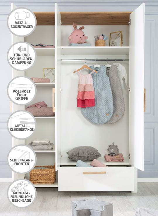 Kinderzimmerset 'Ava' 3-teilig, inkl. Kinderbett 70x140 cm, Wickelkommode & Schrank 3-türig – Infografik (20/23)