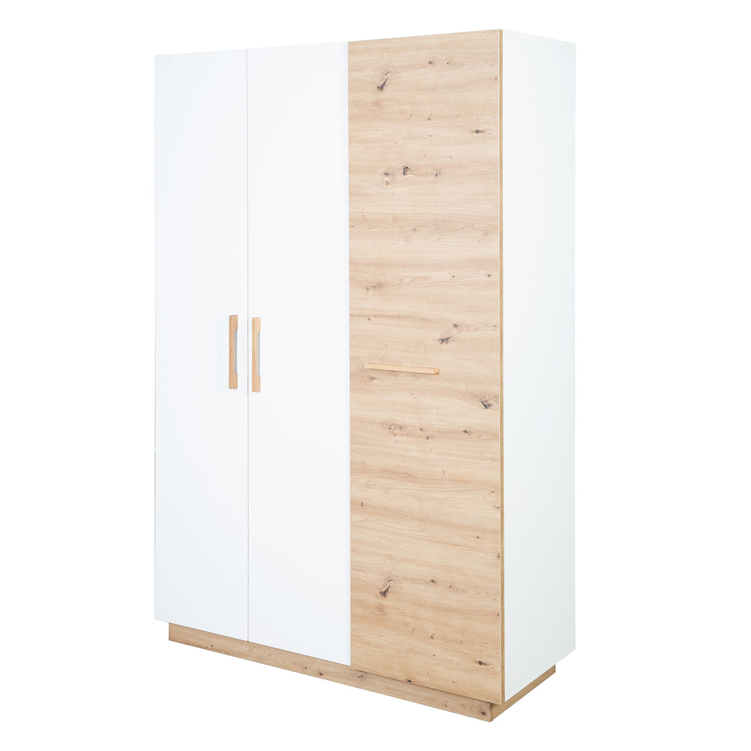 Kleiderschrank 'Lion' 3-türig - Weiß / Holzdekor 'Artisan Eiche' - Griffe aus massiver Eiche – Freisteller (1/19)