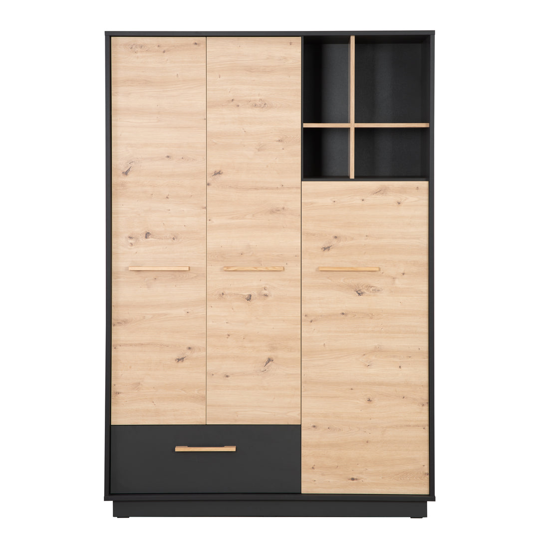 Wardrobe 'Lenn' 3-Door - Anthracite - Wood-Effect Decor 'Artisan oak' - Solid Wood Handles – Cutout (3/16)