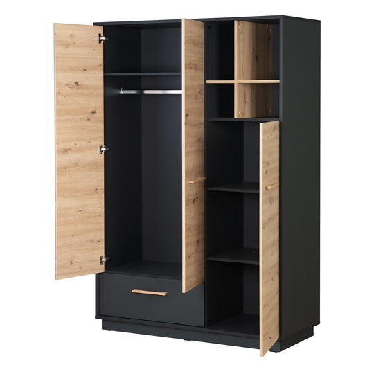 Wardrobe 'Lenn' 3-Door - Anthracite - Wood-Effect Decor 'Artisan oak' - Solid Wood Handles – Cutout (4/16)