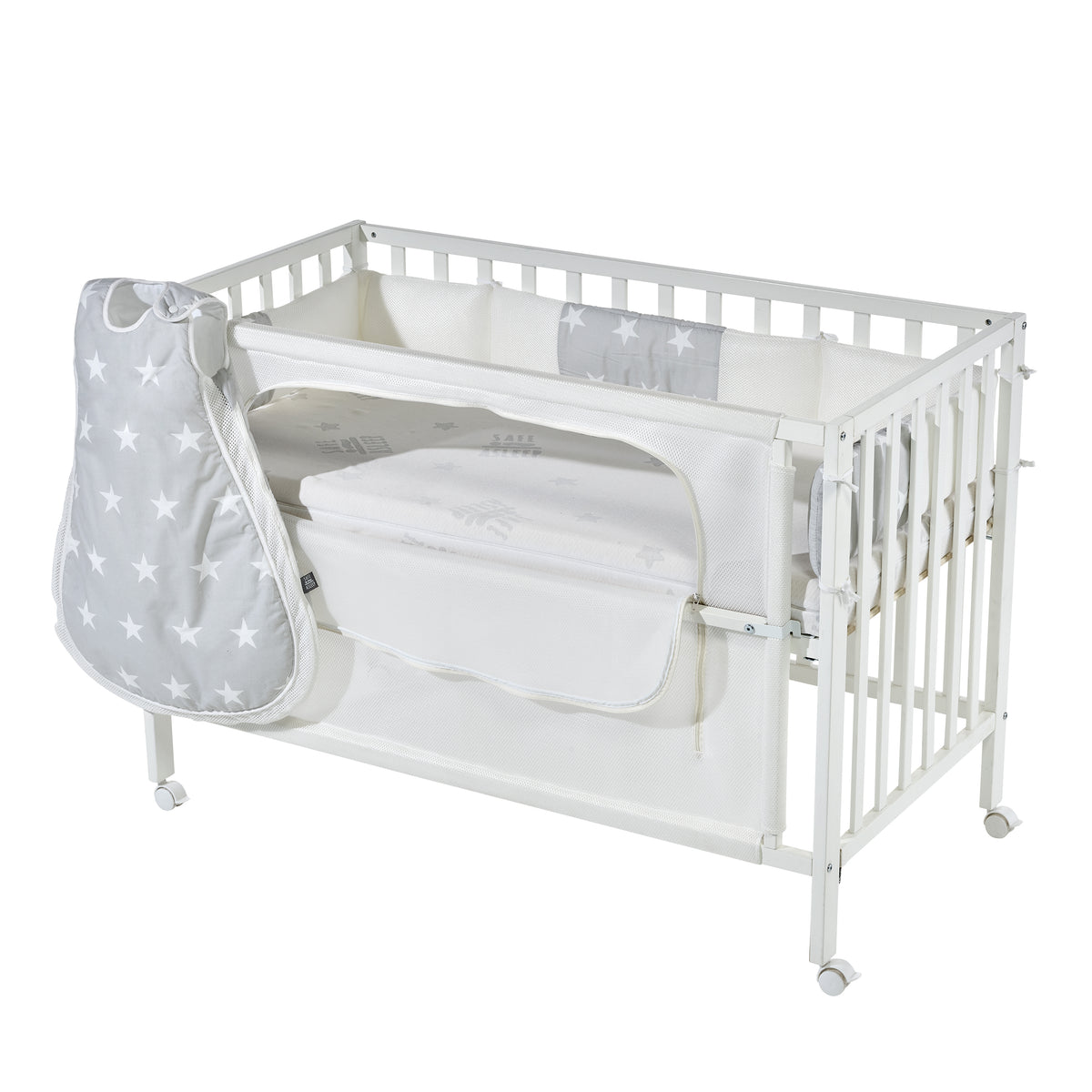Room bed 'safe asleep®', 60 x 120 cm, 'stelle grigio', lettino da co-sleeping incl. dotazione, bianco laccato – Ritaglio (1/14)