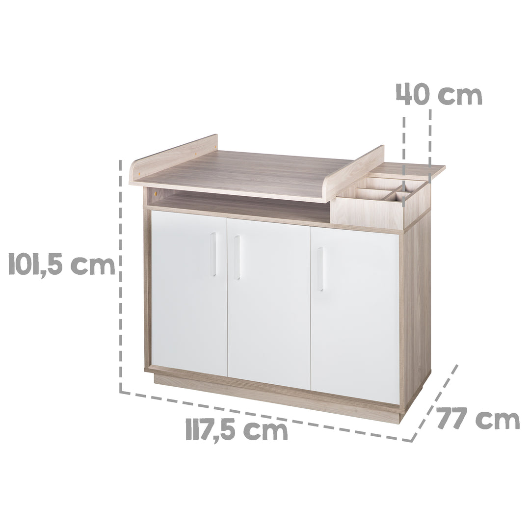 Möbelset 'Olaf' inkl. Kombi-Bett 70 x 140 cm & breiter Wickelkommode, Luna Elm/weiß – Infografik (11/14)