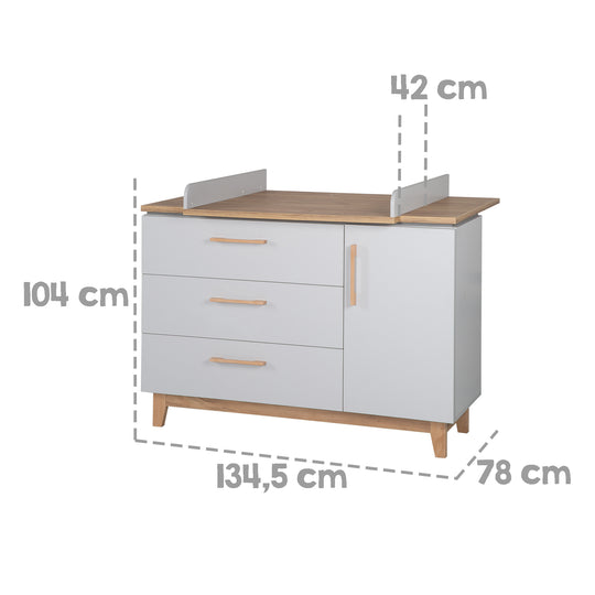 Set cameretta 'Caro', incl. letto combinato 70 x 140 cm, cassettiera fasciatoio & 3ante armadio, grigio chiaro/decoro rovere dorato – Infografica (17/18)
