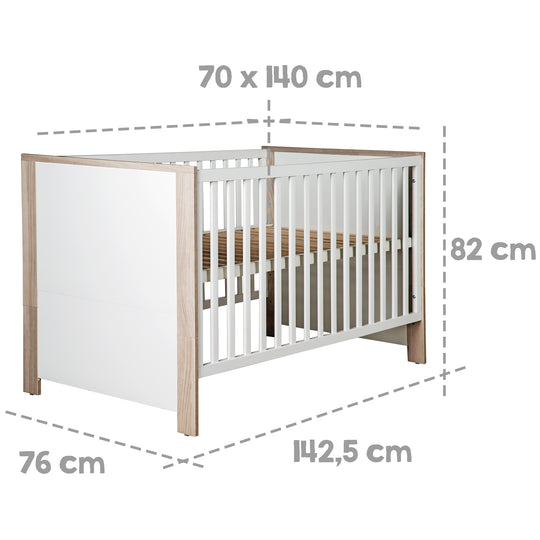 Möbelset 'Olaf' inkl. Kombi-Bett 70 x 140 cm & breiter Wickelkommode, Luna Elm/weiß – Infografik (5/14)