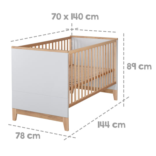 Set cameretta 'Caro', incl. letto combinato 70 x 140 cm, cassettiera fasciatoio & 3ante armadio, grigio chiaro/decoro rovere dorato – Infografica (12/18)
