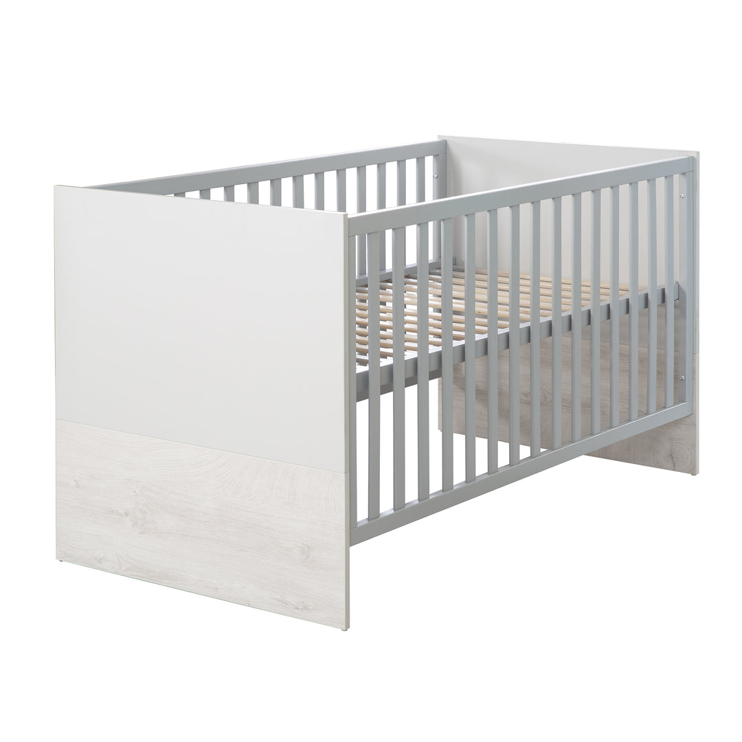 Children's Room Set 'Maren 2', incl. Convertible Cot Bed 70 x 140 cm, Changing Table Wide & 3-Door Cabinet, Light Grey/Whitewashed Oak – Product Image (3/12)