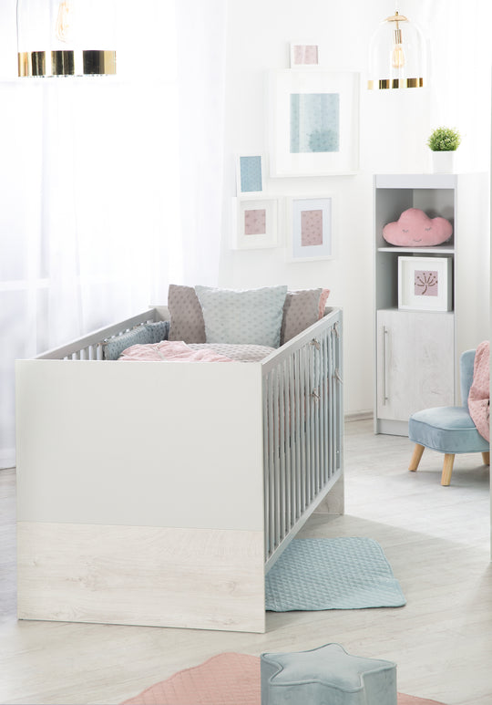 Children's Room Set 'Maren 2', incl. Convertible Cot Bed 70 x 140 cm, Changing Table Wide & 3-Door Cabinet, Light Grey/Whitewashed Oak – Lifestyle Image (5/12)