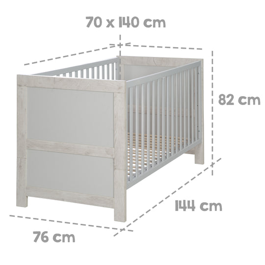 Kombi-Kinderbett 'Mila', 70 x 140 cm, verstell-/umbaubar zum Jugendbett, mitwachsend, 3 Schlupfsprossen – Infografik (5/10)