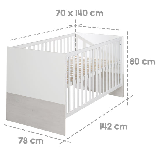 Cuna combinada 'Julia' 70 x 140 cm, blanco, regulable en altura, 3 barrotes extraíbles, convertible – Infografía (4/6)
