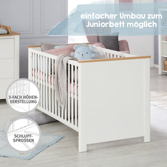 Kinderzimmerset 'Ava' 3-teilig, inkl. Kinderbett 70x140 cm, Wickelkommode & Schrank 3-türig – Infografik (7/23)