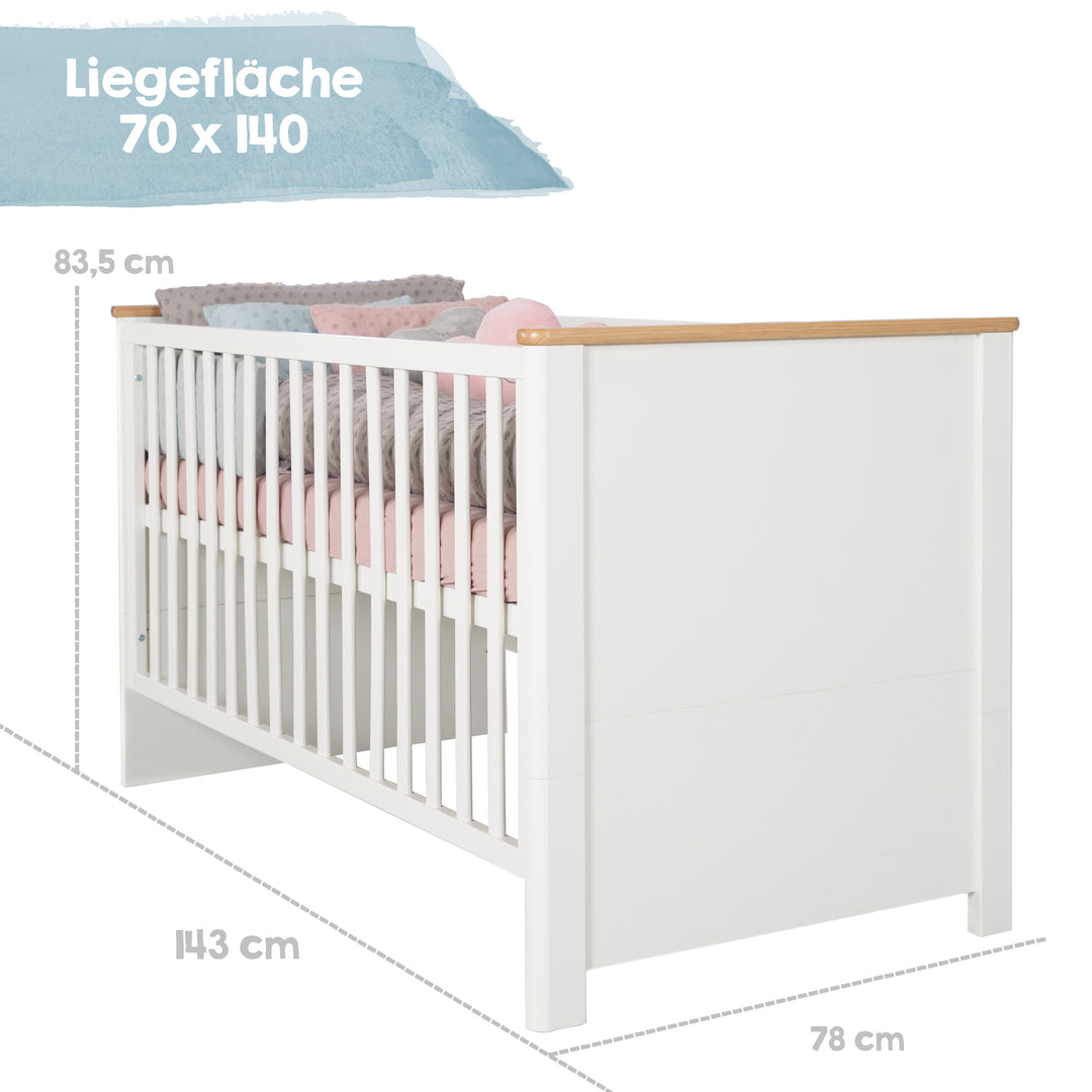 Möbelset 'Ava‘ 2-teilig, inkl. Kombi-Kinderbett 70 x 140 cm & Wickelkommode schranktief – Infografik (10/19)