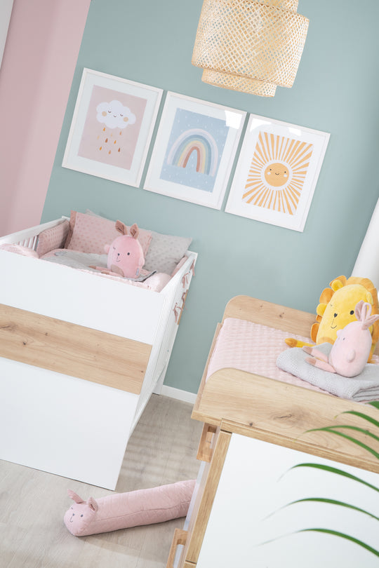 Cuna combinada 'Lion' 70x140 - 3posiciones regulable en altura - Blanco & decorado en madera 'Artisan roble' – Foto especial (11/12)