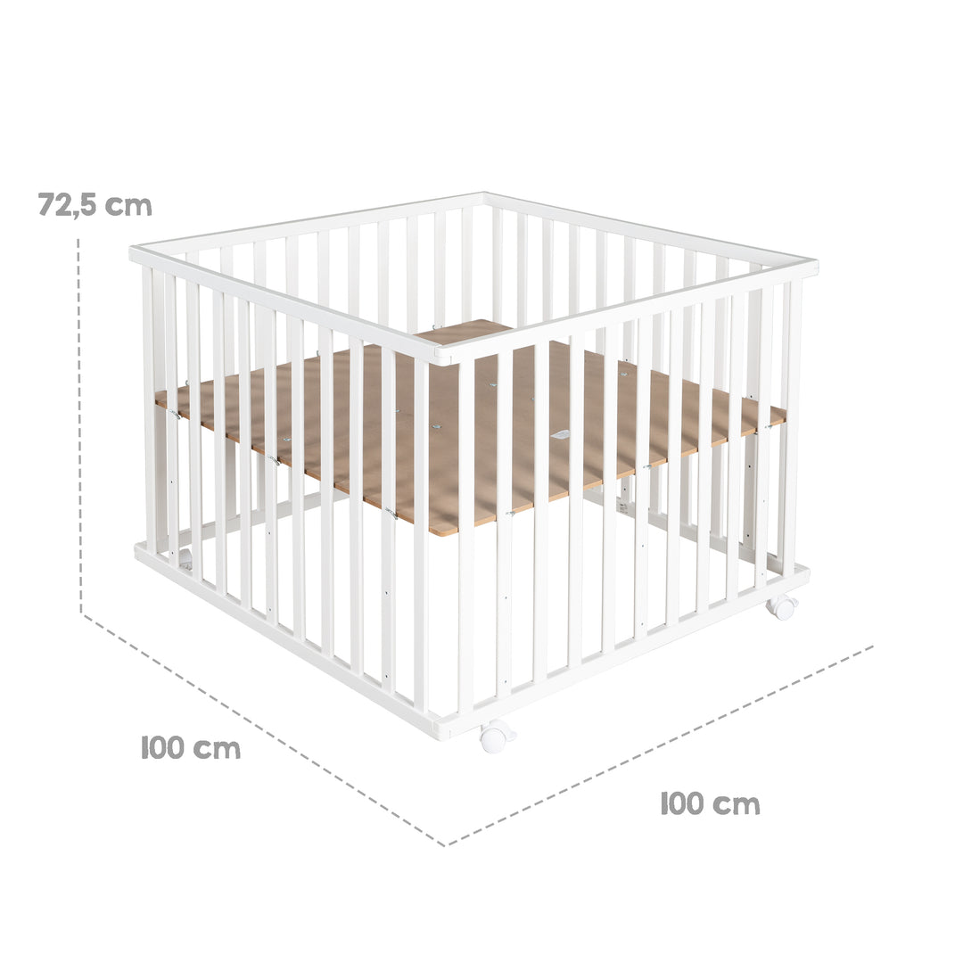 Box 'Indibär', 100 x 100 cm, sicuro box incl. inserto protettivo & rotelle, legno bianco – Infografica (13/17)