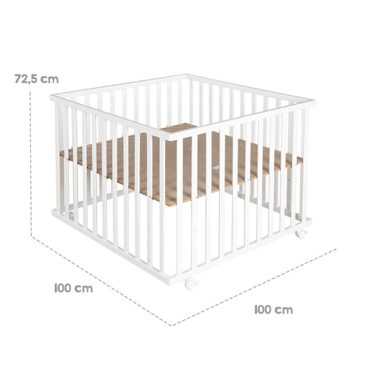 Box 'Indibär', 100 x 100 cm, sicuro box incl. inserto protettivo & rotelle, legno bianco – Infografica (13/17)