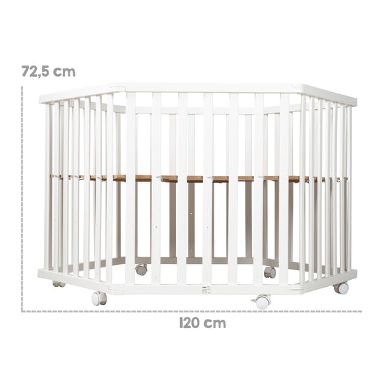 Playpen 'Fox & Bunny', 6-Sided, Safe Play Pen incl. Protective Insert & Castors, Wood White – Infographic (3/5)