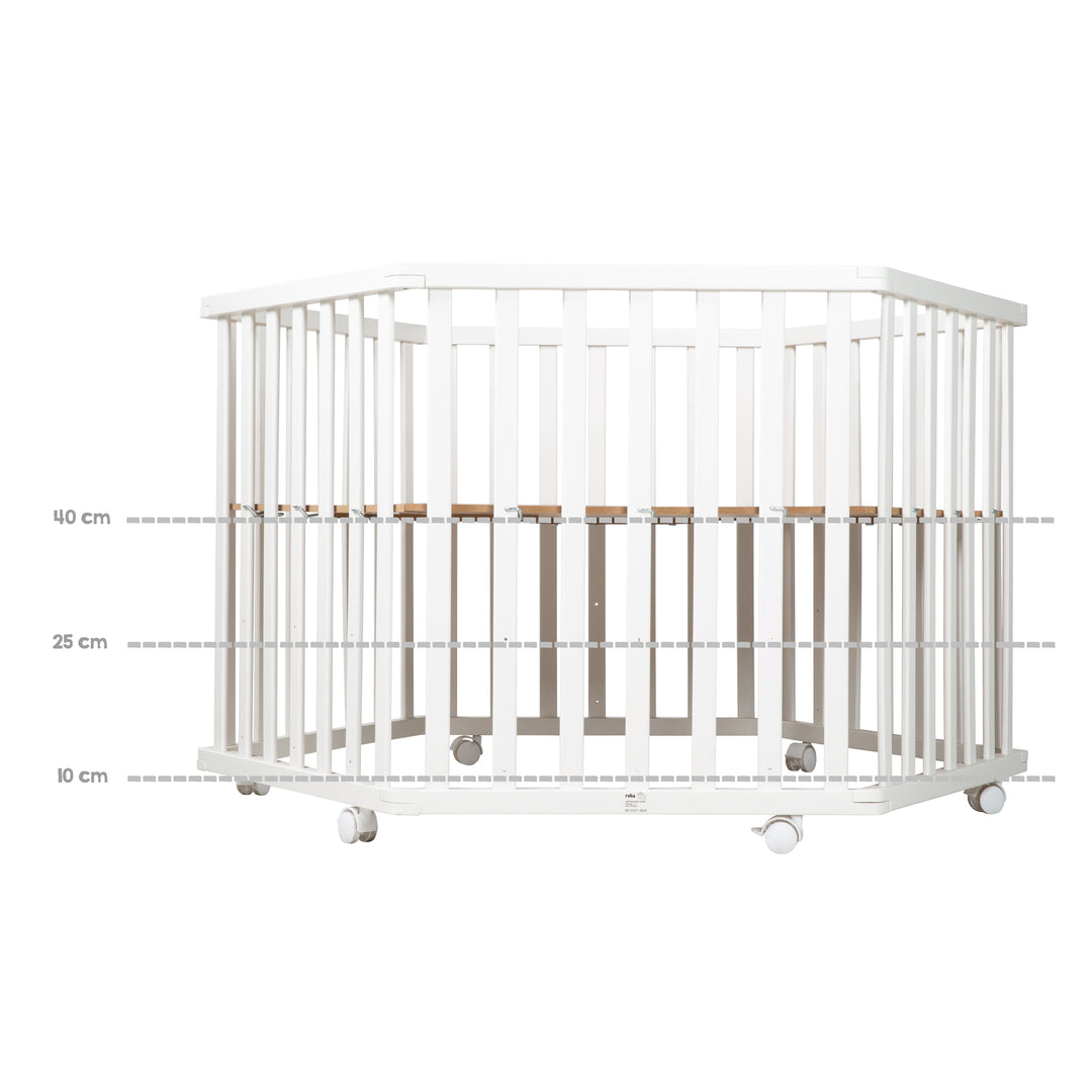 Playpen 'Fox & Bunny', 6-Sided, Safe Play Pen incl. Protective Insert & Castors, Wood White – Infographic (4/5)