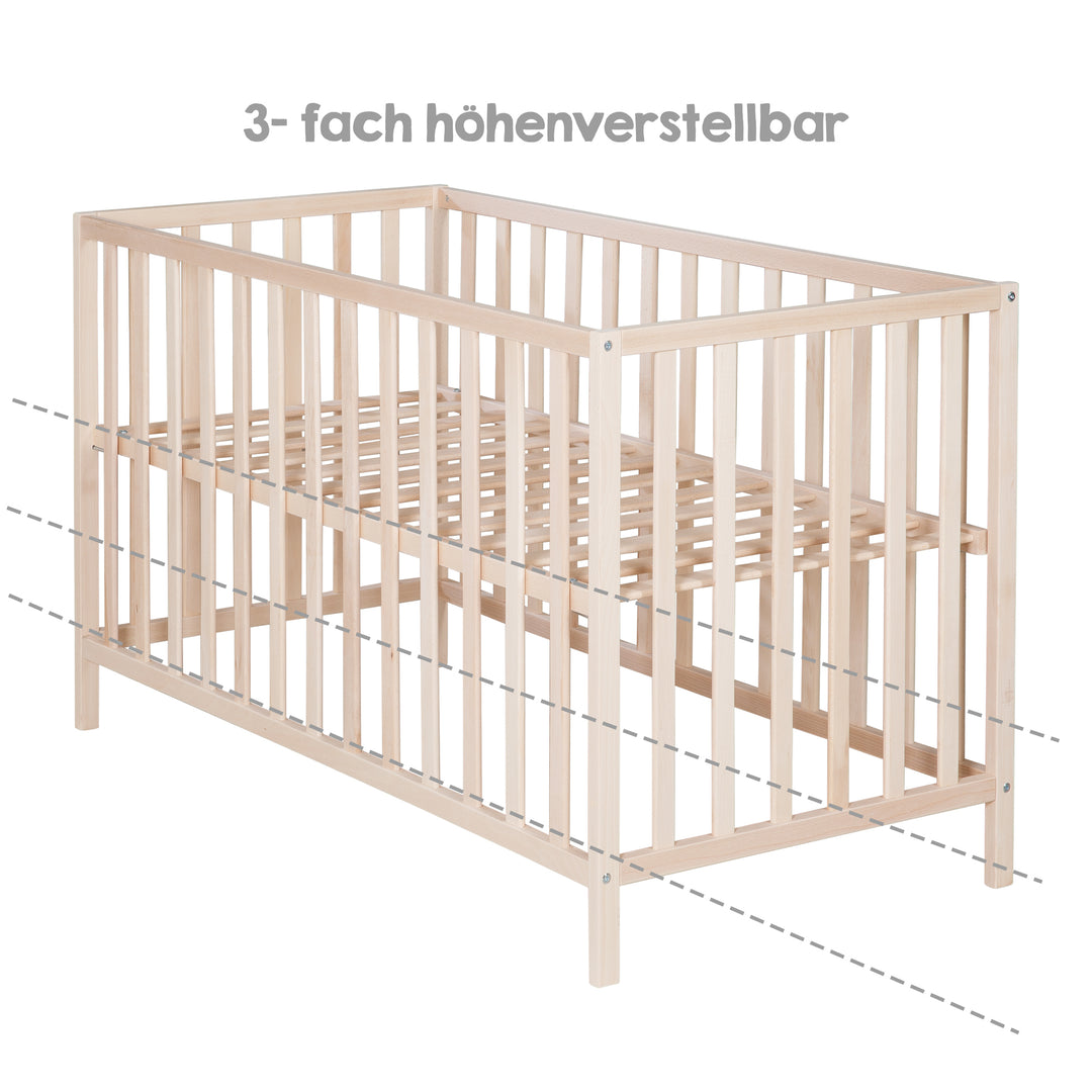 Cama infantil 'Cosi' 60 x 120 cm, en haya-madera maciza, natural, 3posiciones regulable en altura – Infografía (3/11)