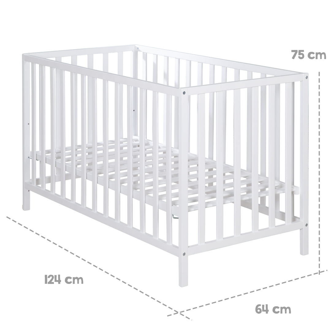 Letto per bambini 'Cosi' 60 x 120 cm, in faggio-legno massello, bianco laccato, 3posizioni regolabile in altezza – Infografica (3/10)