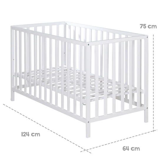 Letto per bambini 'Cosi' 60 x 120 cm, in faggio-legno massello, bianco laccato, 3posizioni regolabile in altezza – Infografica (3/10)