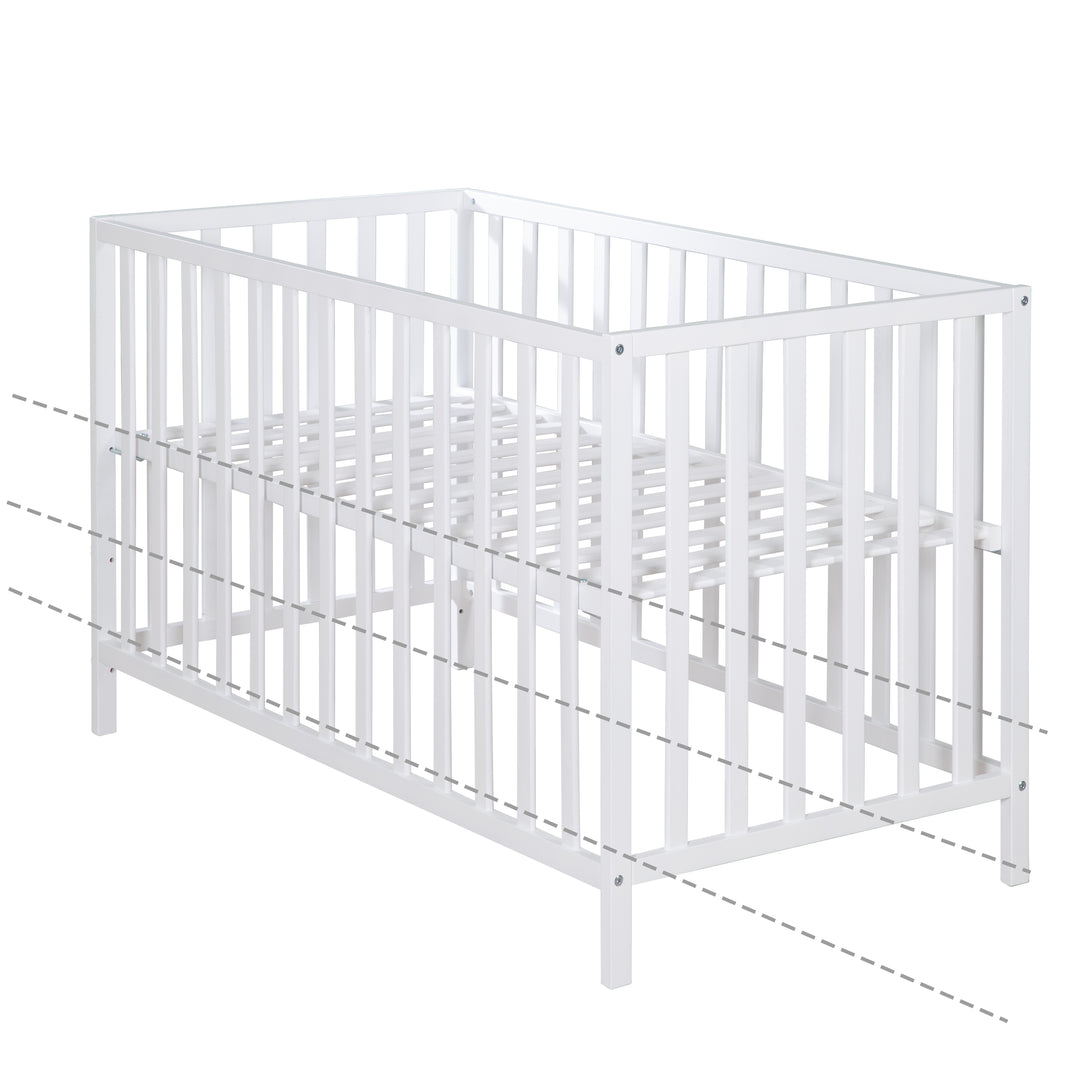 Letto per bambini 'Cosi' 60 x 120 cm, in faggio-legno massello, bianco laccato, 3posizioni regolabile in altezza – Infografica (5/10)