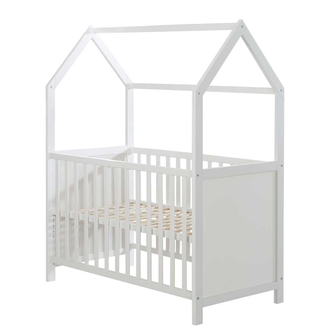 Hausbett 60 x 120 cm, FSC zertifiziert, weiß, 6-fach verstellbar, als Baby- & Beistellbett geeignet – Freisteller (1/17)