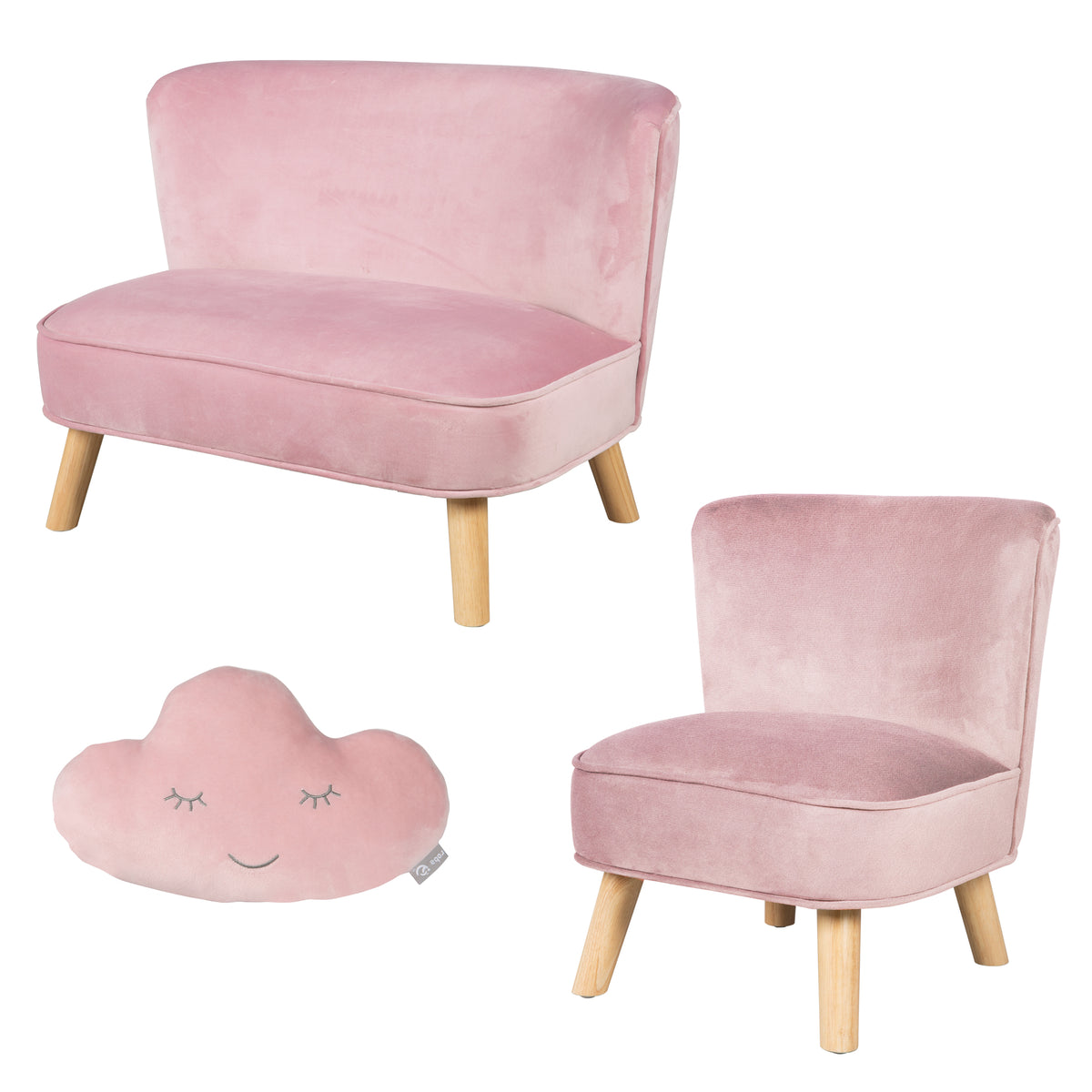 Bundle 'Lil Sofa' comprend canapé enfant, fauteuil enfant, coussin décoratif nuage en rose/mauve – Photo d'ambiance (1/9)