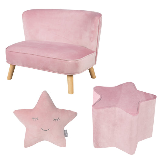 Bundle 'Lil Sofa' comprend canapé enfant, tabouret enfant en forme d'étoile, coussin décoratif étoile rose/mauve – Photo d'ambiance (1/9)