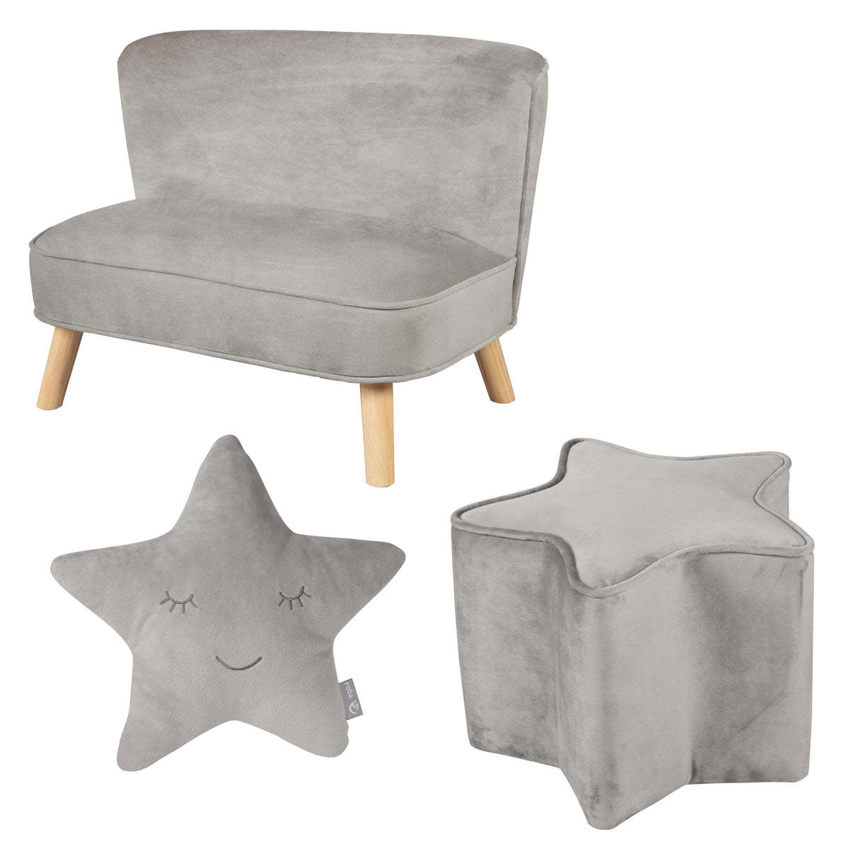 Bundle 'Lil Sofa' incl. canapé enfant, tabouret étoile, coussin décoratif étoile en gris argenté – Photo d'ambiance (1/9)