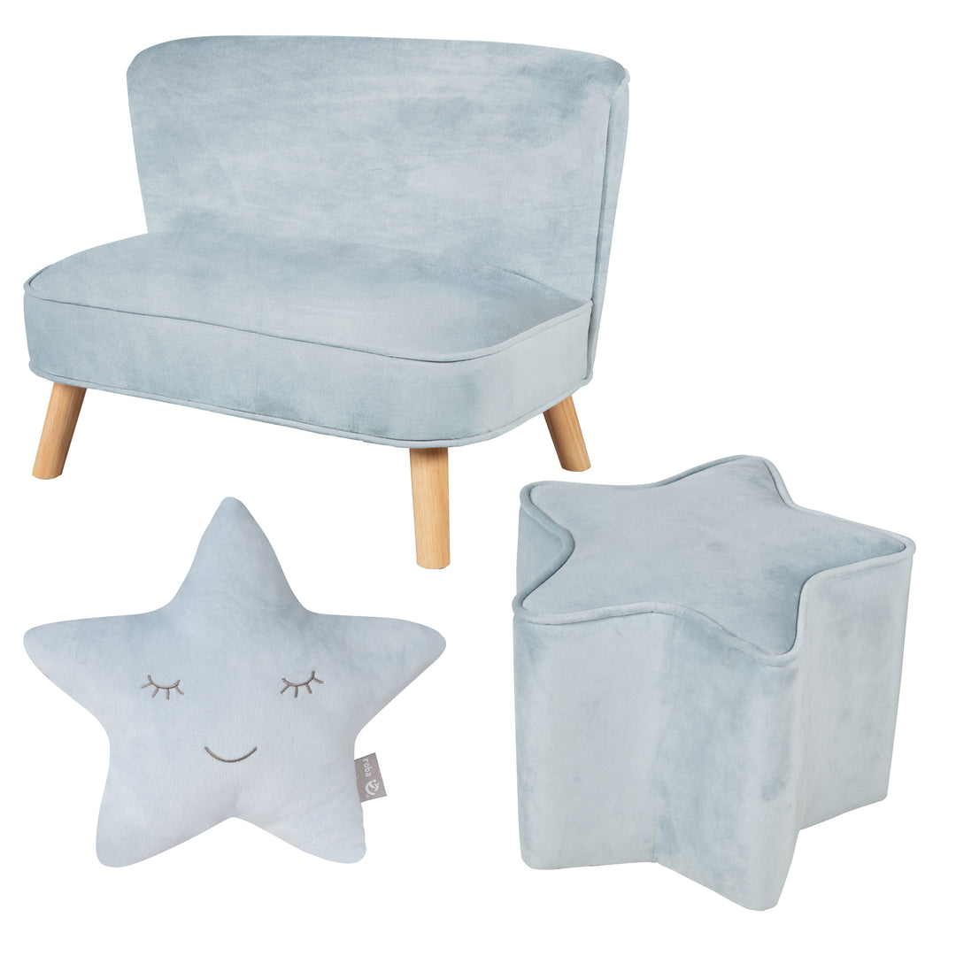 Bundle 'Lil Sofa' inkl. Kindersofa, Sternenhocker & Dekokissen Stern in hellblau/sky – Milieubild (1/9)