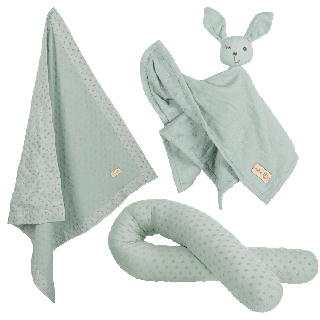 Organic Geschenkset 'Lil Planet' frosty green, Bio-Bettschlange, -Decke & -Schmusetuch – Freisteller (1/5)