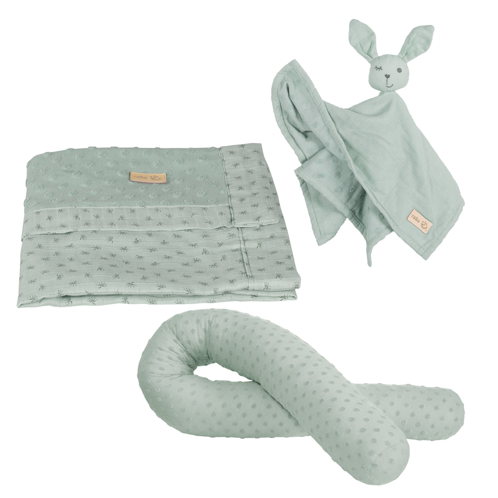 Organic Geschenkset 'Lil Planet' frosty green, Bio-Bettschlange, -Decke & -Schmusetuch – Freisteller (2/5)