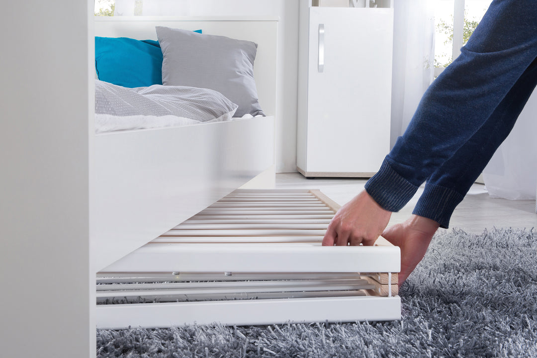 Cama plegable 'Fold Up', 60 x 120 cm, haya orgánica/blanco, 2posiciones regulable en altura, incl. ruedas – Foto del producto (4/10)
