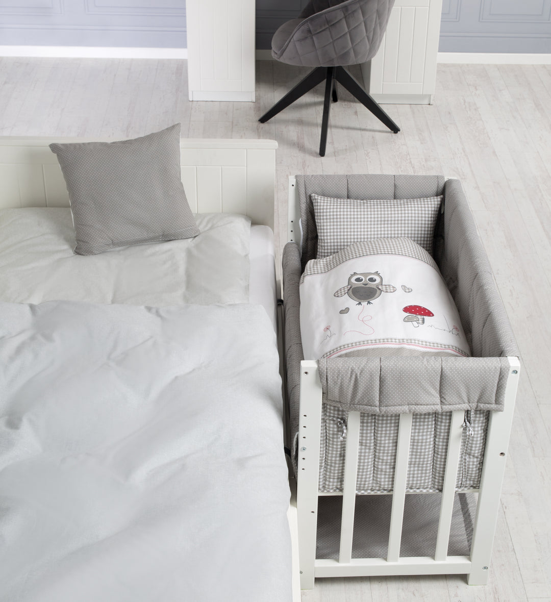 Lettino da co-sleeping 'Adam & Gufo' 4 in 1, lettino, culla & panca per bambini, bianco – Foto del prodotto (11/13)
