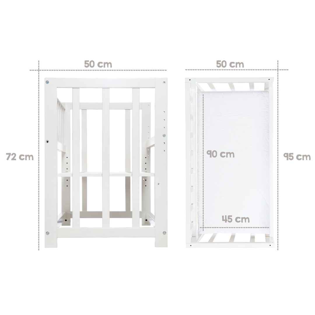 Nursery & Bedside Crib 'Indibär' 4 in 1, Baby Cot, Cradle & Children's Bench, White – Infographic (5/14)