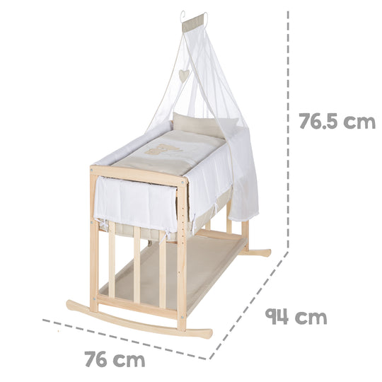 Stuben- & Beistellbett 'Liebhabär' 4 in 1, Babybett, Wiege & Kinderbank aus Buchenholz – Infografik (12/12)