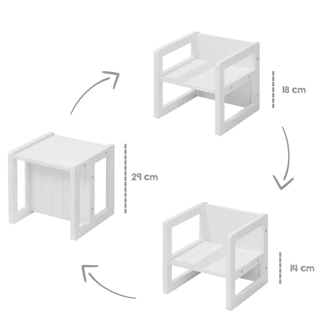 Sitzhocker für Kinder im Landhausstil - Wendehocker mit 3 Sitzhöhen - Holz weiß – Infografik (11/12)
